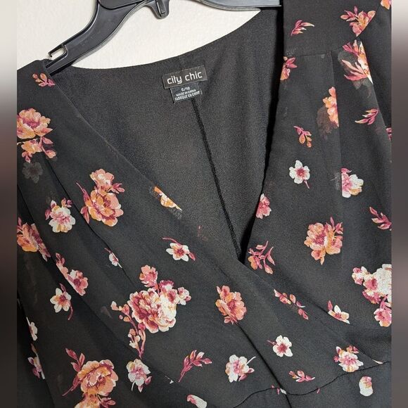 City Chic Black Pink Floral Draped Faux Wrap Party Dress Womens 16 - Picture 5 of 6